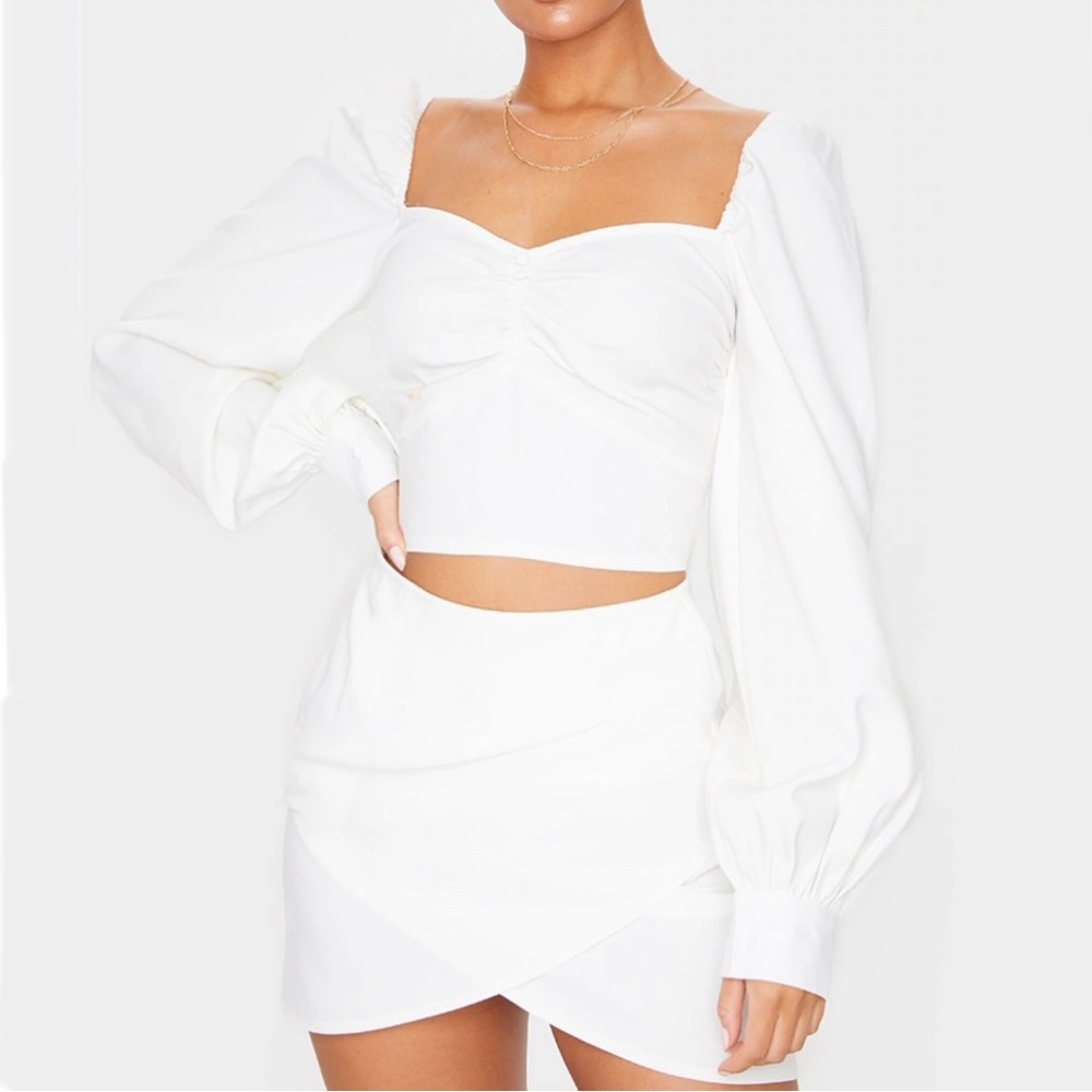 PRETTYLITTLETHING White Woven Square Neck Puff Sleeve Crop Top NWT